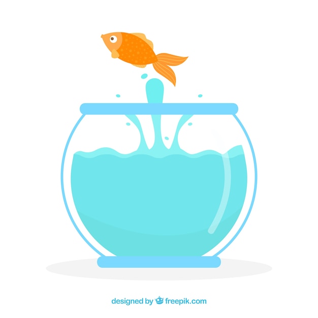 Goldfish jumping out of fishbowl in flat style