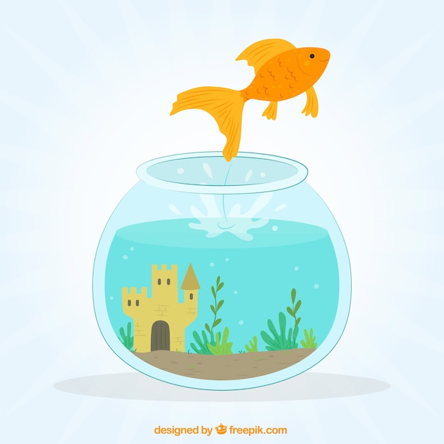 Золотая рыбка выпрыгивает из аквариума в плоском стиле