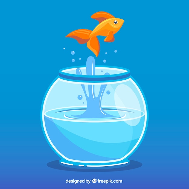 Goldfish jumping out of fishbowl in flat style