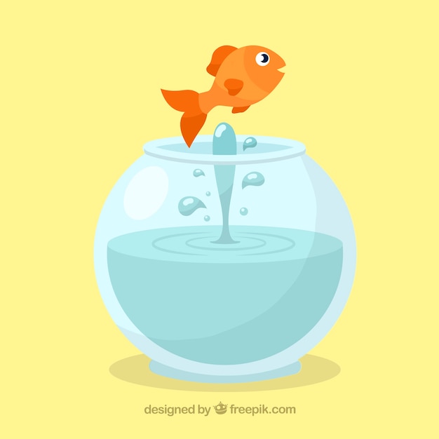 Goldfish jumping out of fishbowl in flat style