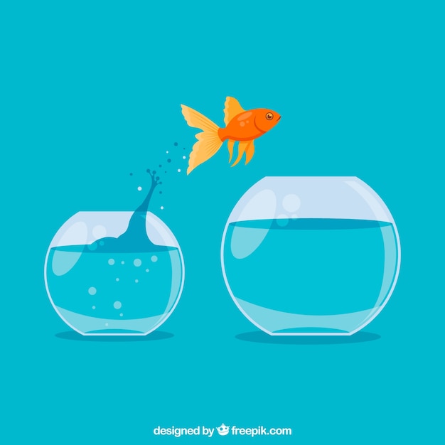 Goldfish jumping out of fishbowl in flat style