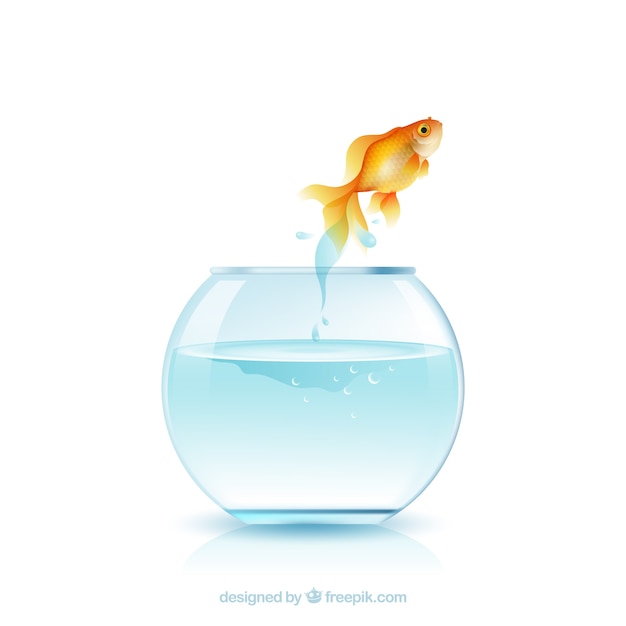 Goldfish jumping out of fishbowl in realistic style