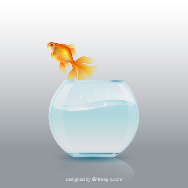 Free vector goldfish jumping out of fishbowl in realistic style