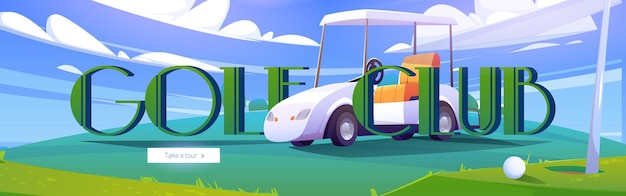 Golf club cartoon web banner with golfer cart