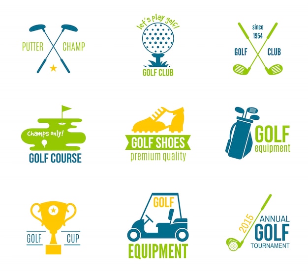 Free vector golf club championship and equipment label colored set isolated vector illustration