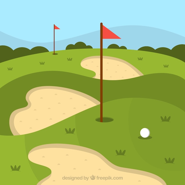 Vettore gratuito sfondo di campo da golf in stile piatto