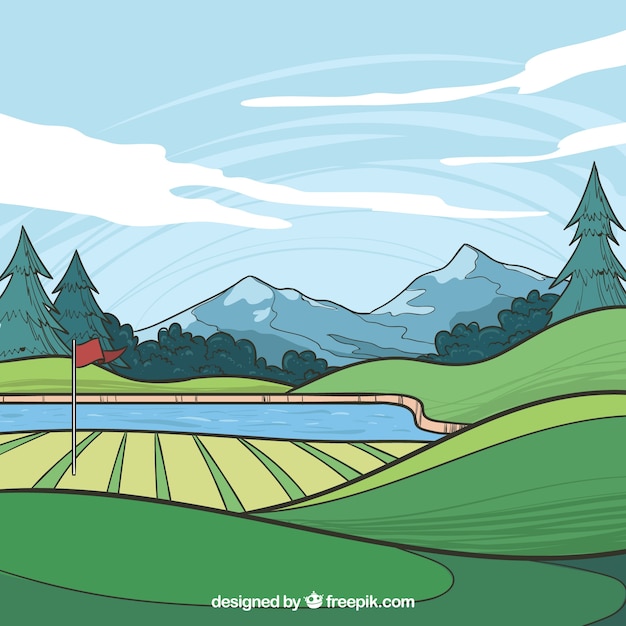 Free vector golf course background in hand drawn style