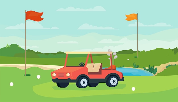 ゴルフゲームビュー、フラット漫画デザインのバナー。ゴルフコース、旗竿のある穴、装備のある車。競争、トーナメント、趣味、野外活動の概念。ウェブの背景のベクトル図