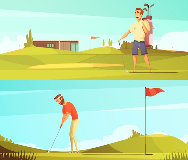 Golf players at course 2 horizontal retro cartoon banners set\
with red pin flag isolated vector illu