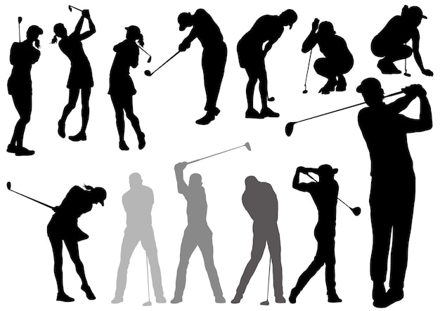 Free vector golf players vector silhouette set isolated on a white background.