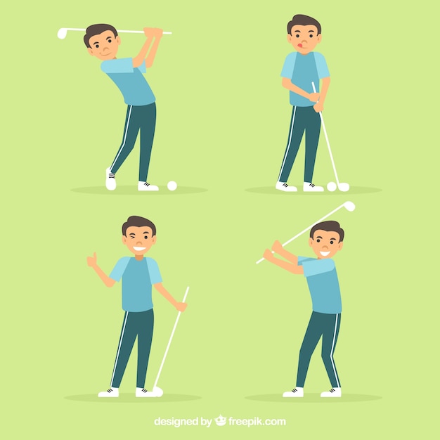 Golf swings collection with man in flat style