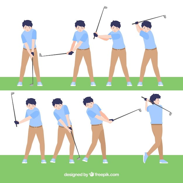 Бесплатное векторное изображение Коллекция качелей для гольфа с мужчиной в плоском стиле