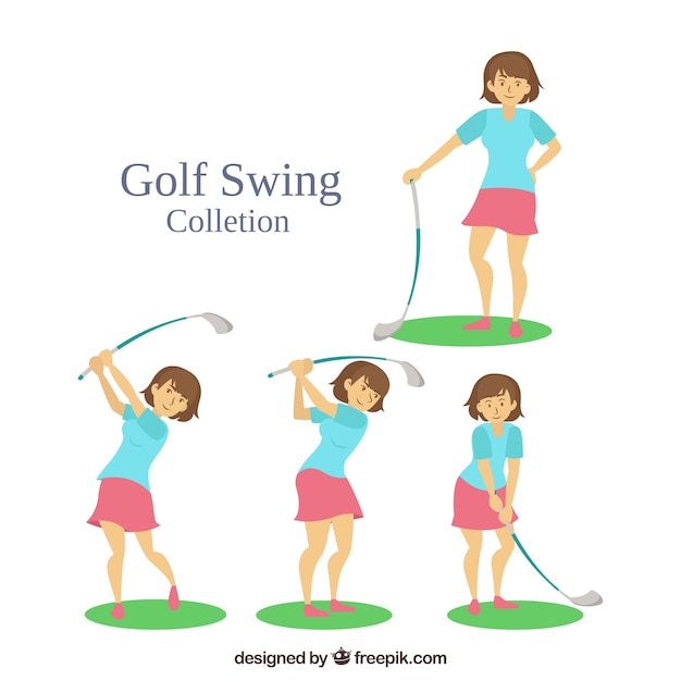 Golf swings collection with woman in flat style