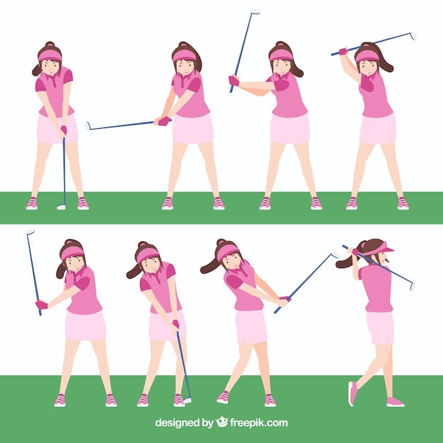 Golf swings collection with woman in flat style