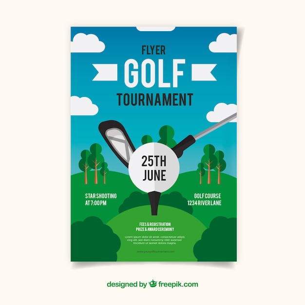 Free vector golf tournament flyer in flat style