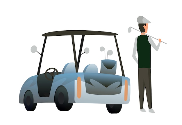 ゴルフ​クラブ​バッグ付き​golfvector​電気​ゴルフ​カー​。​彼​の​肩​に​棒​で​ゴルフ車​の​近く​に​立っている​男