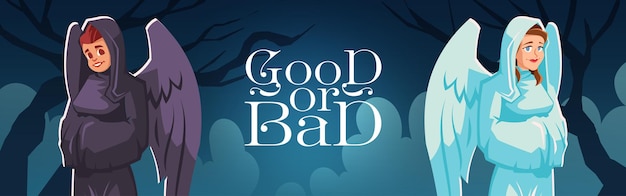 Good or bad angel and devil cartoon banner, spirit