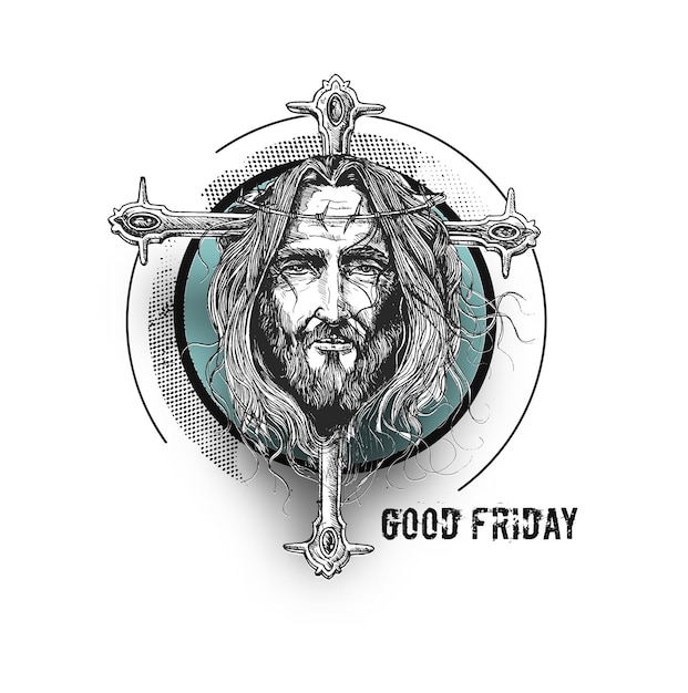 Бесплатное векторное изображение Страстная пятница и пасхальное лицо иисуса на кресте, иллюстрация вектора эскиза.