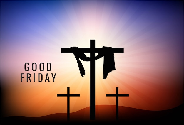 Good Friday background with cross and sun rays in the sky