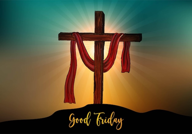 Good Friday background with cross and sun rays in the sky