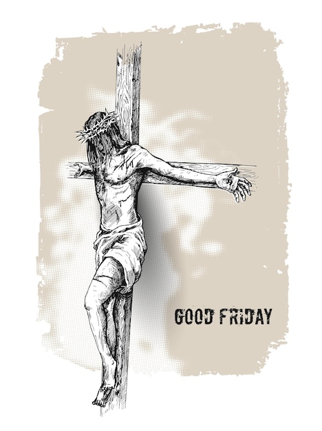 免费矢量耶稣受难日和复活节耶稣在十字架上素描矢量插图