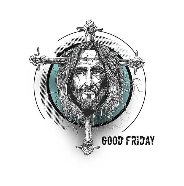 Good friday and Easter Jesus Face on The Cross, Sketch Vector illustration.