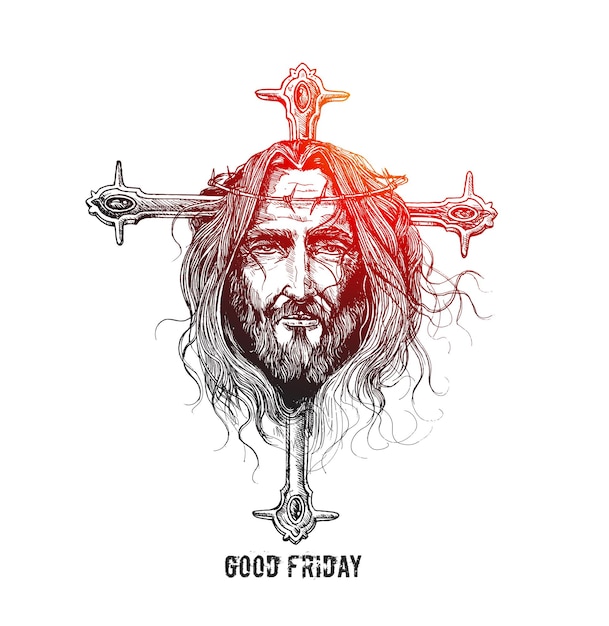 免费矢量在十字架上耶稣受难日和复活节的脸素描矢量插图