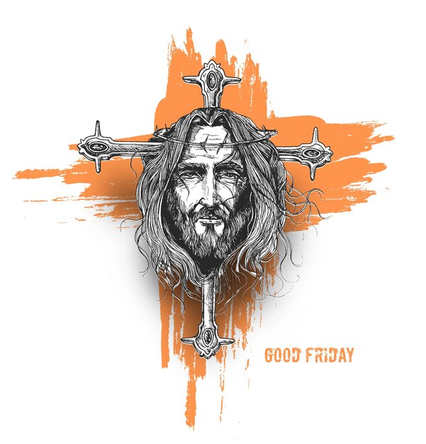 Good friday and Easter Jesus Face on The Cross Sketch Vector illustration