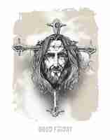 Free vector good friday and easter jesus face on the cross sketch vector illustration