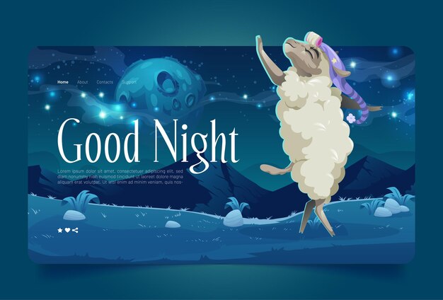 おやすみ漫画のランディングページの子羊は、満腹の星空の下で牧草地で踊る眠っている帽子をかぶっています...