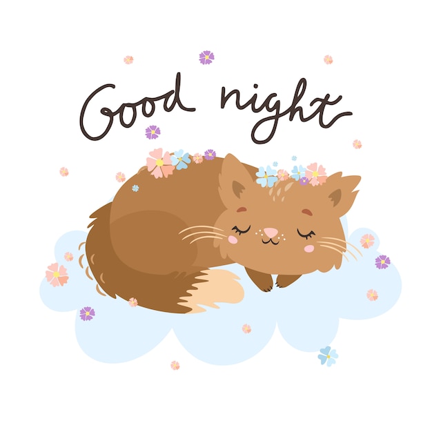 Vettore gratuito buona notte biglietto di auguri con gatto sul cloud.