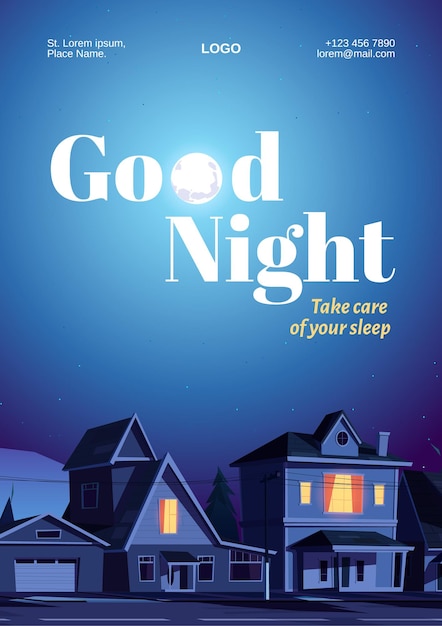 Free vector good night poster with houses and moon in dark sky.