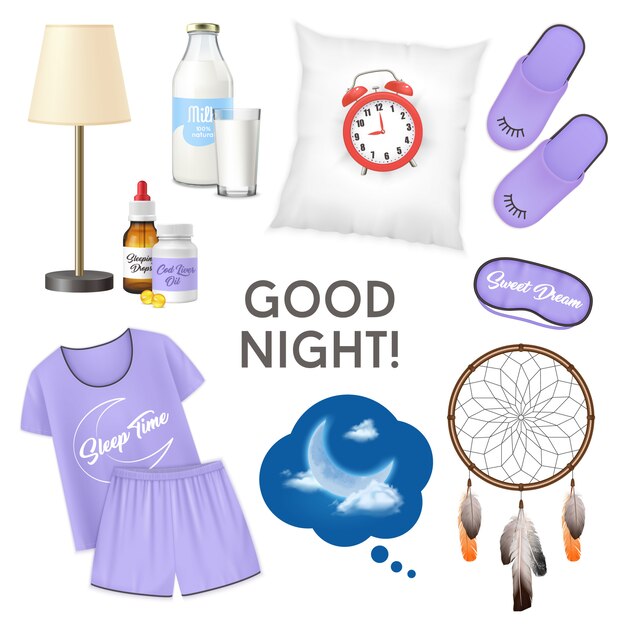 Good night realistic design concept with alarm clock on pillow glass of milk pajamas slippers isolated icons set  illustration