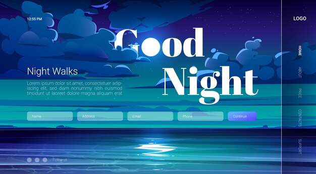 Good night walks cartoon landing with full moon