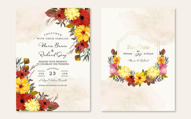 Gorgeous Colorful Rustic Flower Watercolor Floral Wedding Invitation Set