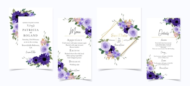 Free vector gorgeous purple floral wedding invitation set