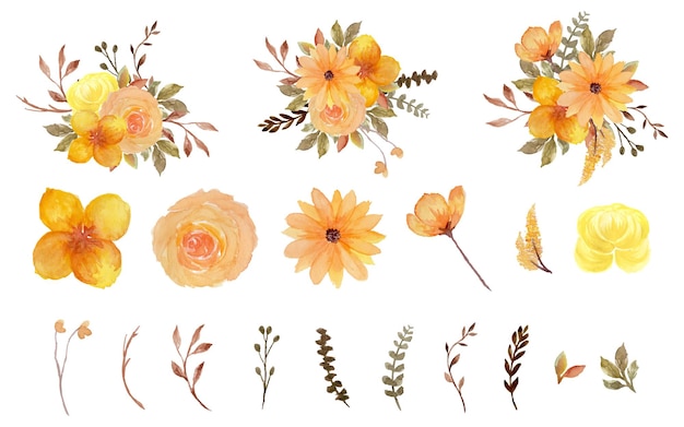 Великолепная коллекция желтых и коричневых индивидуальных акварельных цветов