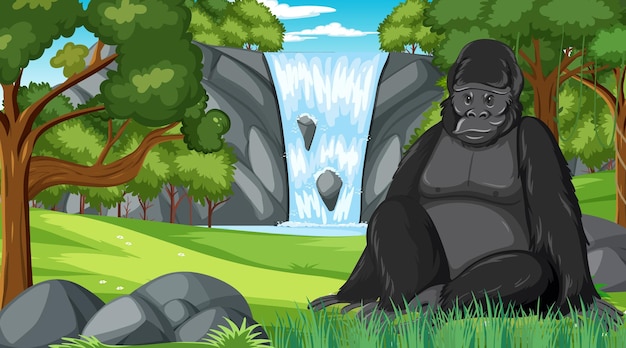 Vettore gratuito gorilla nella scena della foresta o della foresta pluviale con molti alberi