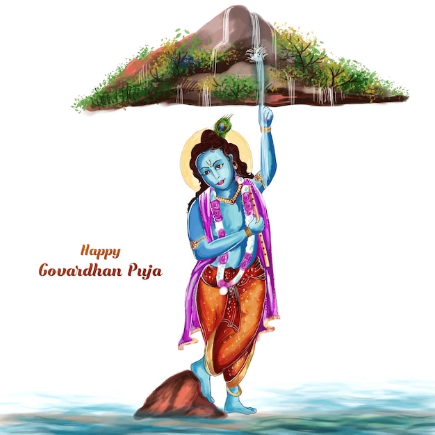 Puja di govardhan con il design della cartolina d'auguri di lord krishna