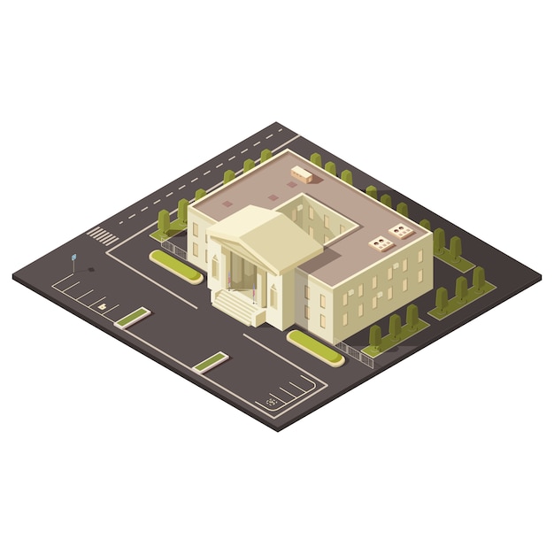 Government building concept with parking and lawns and trees isometric vector illustration 