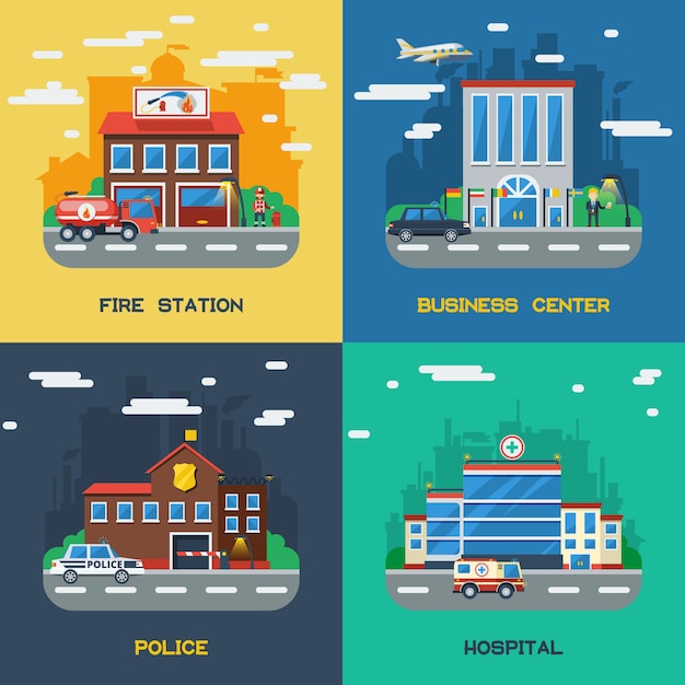 Government buildings 2x2 flat design concept