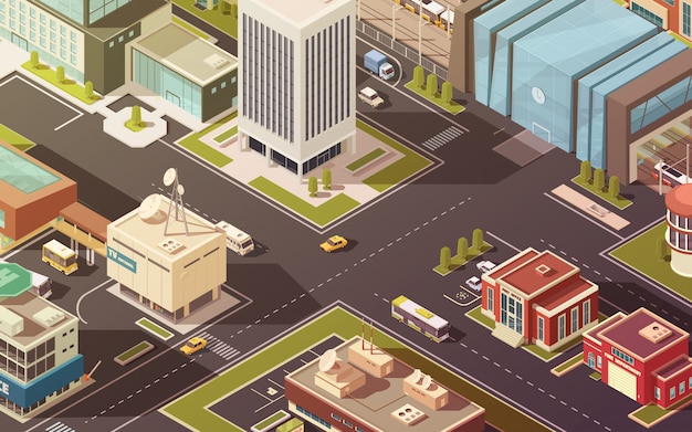 Free vector government buildings city streets roads and traffic isometric vector illustration