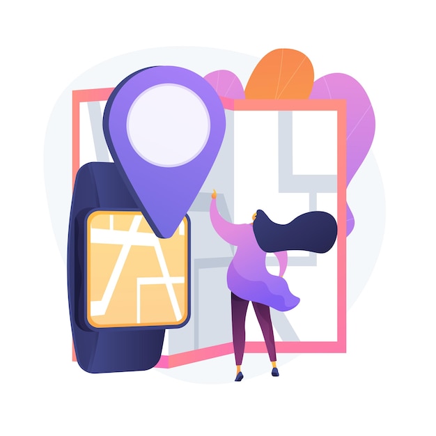 Gps application. finding path in city. destination mark. map navigation, location guide, route tracking. road in town. cartography and geography. vector isolated concept metaphor illustration.