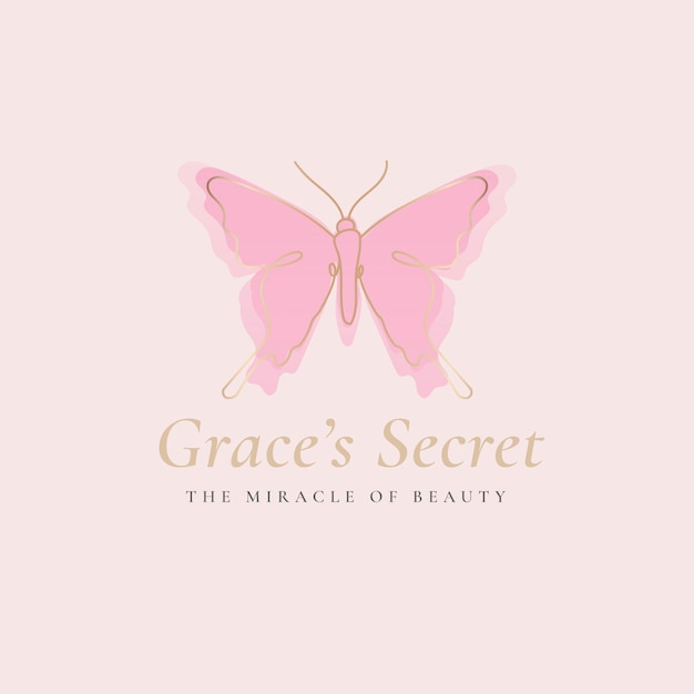 Grace's secret 나비 로고 템플릿, 살롱 비즈니스, 슬로건이 있는 창의적인 디자인 벡터