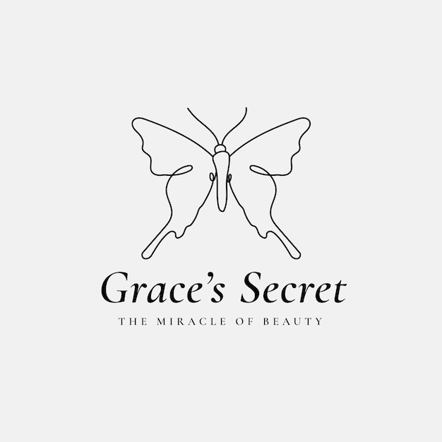 Grace's Secret 나비 로고 템플릿, 살롱 비즈니스, 슬로건이 있는 창의적인 디자인 벡터