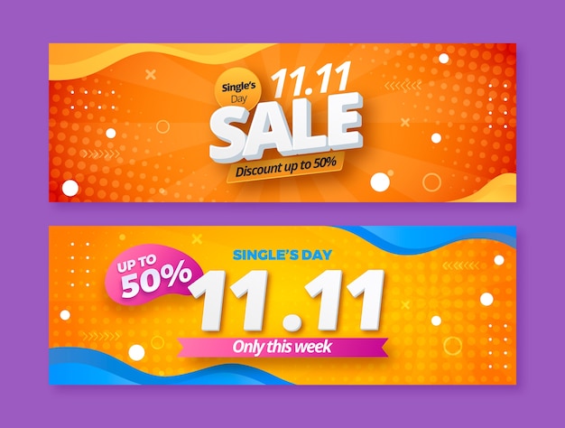 Gradient 11.11 singles day shopping day horizontal sale banners set