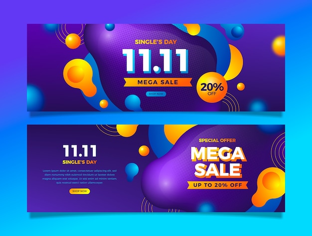 Free vector gradient 11.11 singles day shopping day horizontal sale banners set