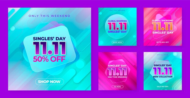 Free vector gradient 11.11 singles day shopping day instagram posts collection