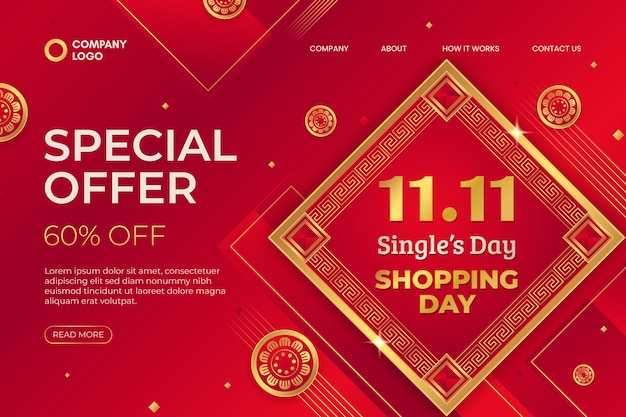 Free vector gradient 11.11 singles day shopping day landing page template