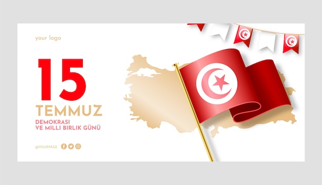 Gradient 15 temmuz horizontal banner template with flag and map